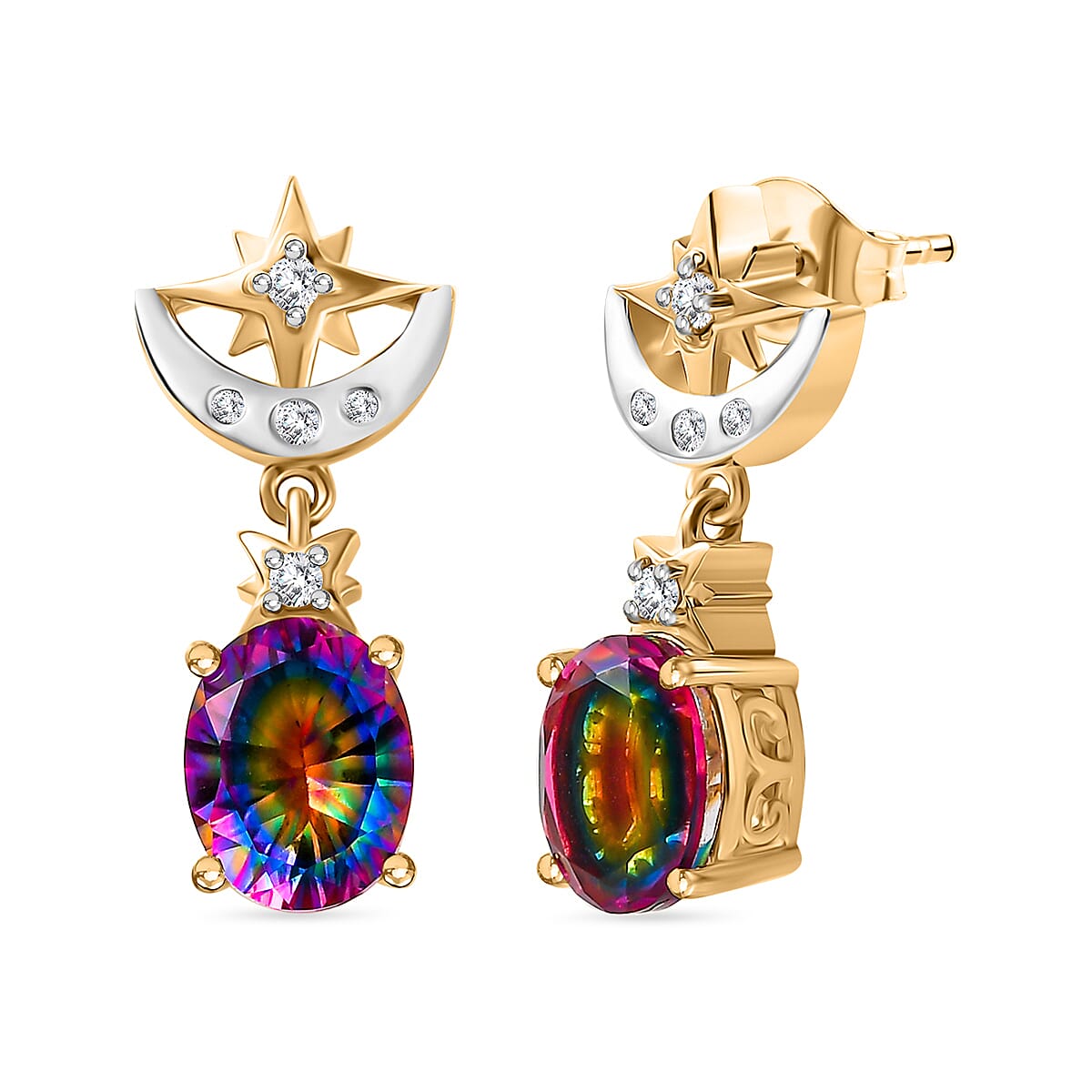 Nebula Quartz Doublet, White Zircon Star Moon Earrings in Rhodium and 18K Vermeil Yellow Gold Plated Sterling Silver 7924073 0