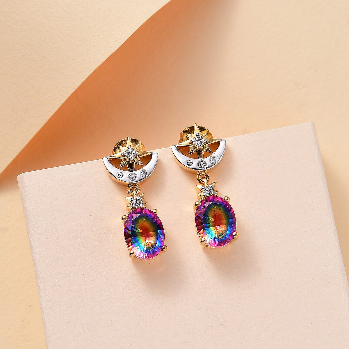 Nebula Quartz Doublet, White Zircon Star Moon Earrings in Rhodium and 18K Vermeil Yellow Gold Plated Sterling Silver 7924073 1