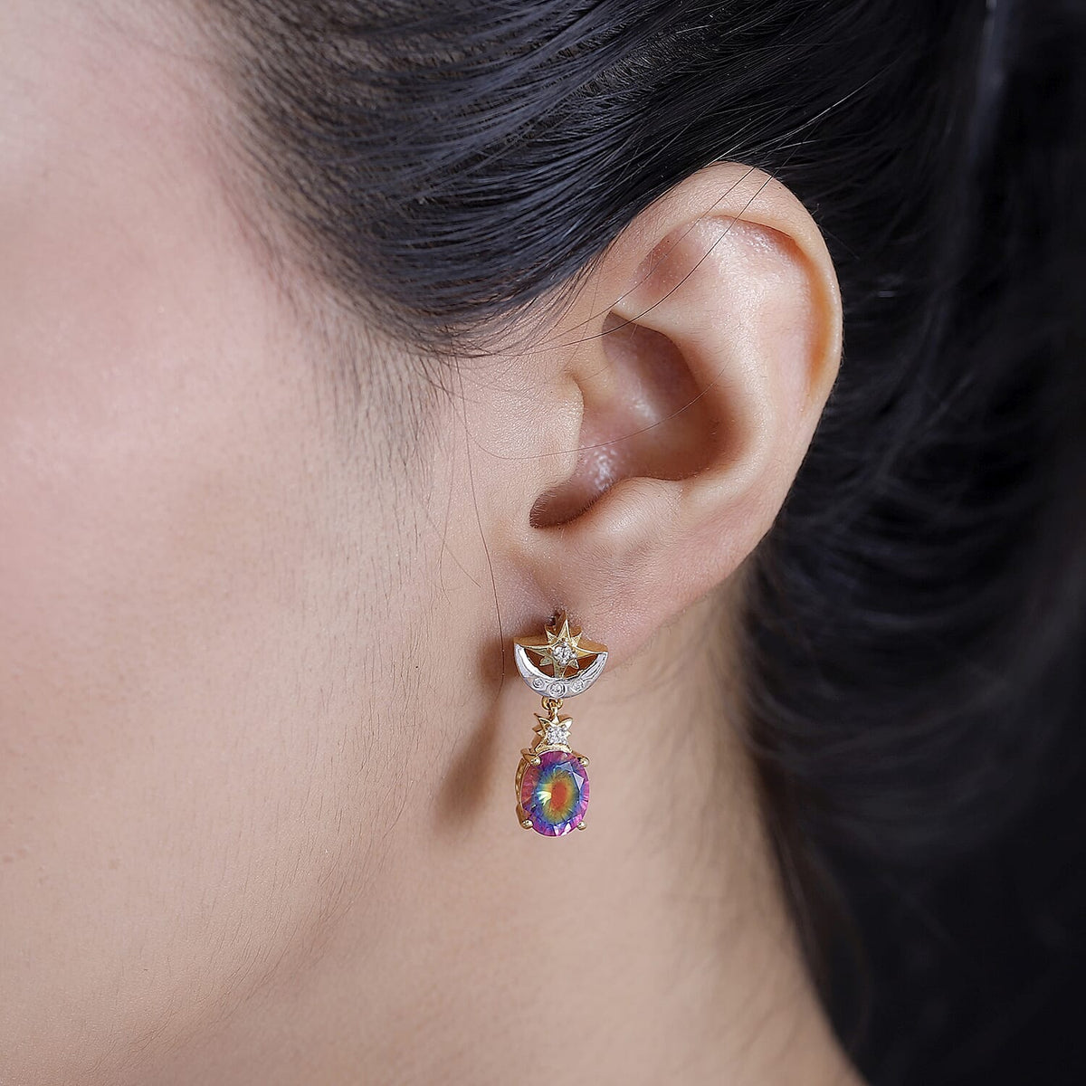 Nebula Quartz Doublet, White Zircon Star Moon Earrings in Rhodium and 18K Vermeil Yellow Gold Plated Sterling Silver 7924073 2