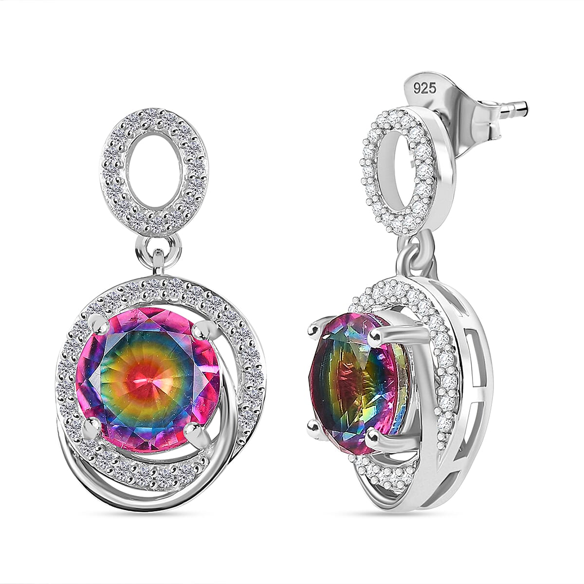 Celestial Saturn Nebula Quartz &amp; White Zircon Dangling Earring with Push Back in Rhodium Overlay Sterling Silver 4.28 Ct. 8068172 0