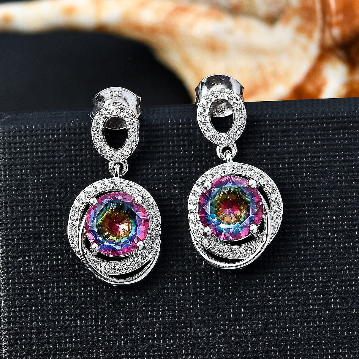 Celestial Saturn Nebula Quartz &amp; White Zircon Dangling Earring with Push Back in Rhodium Overlay Sterling Silver 4.28 Ct. 8068172 2