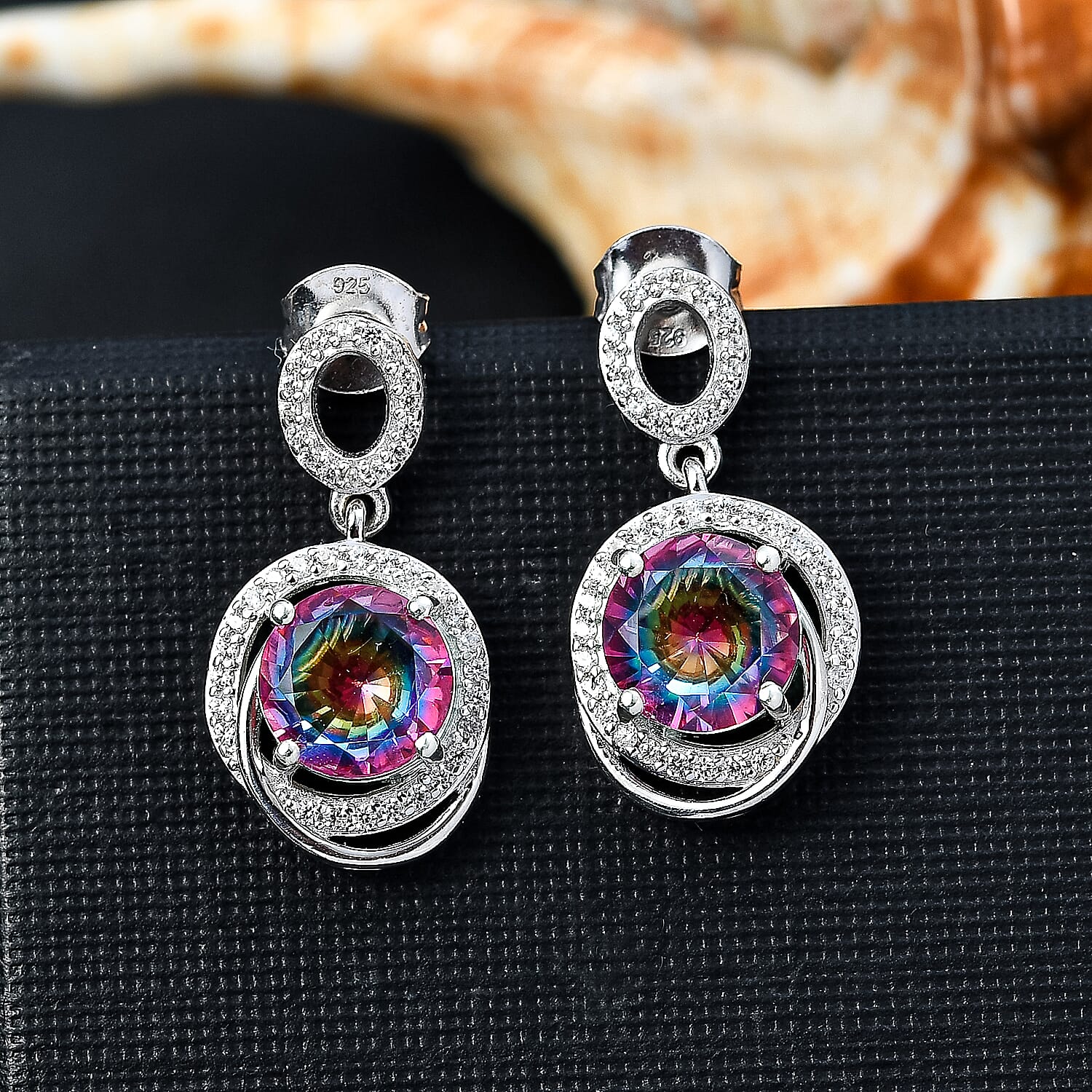 Celestial Saturn Nebula Quartz &amp; White Zircon Dangling Earring with Push Back in Rhodium Overlay Sterling Silver 4.28 Ct. 8068172 2