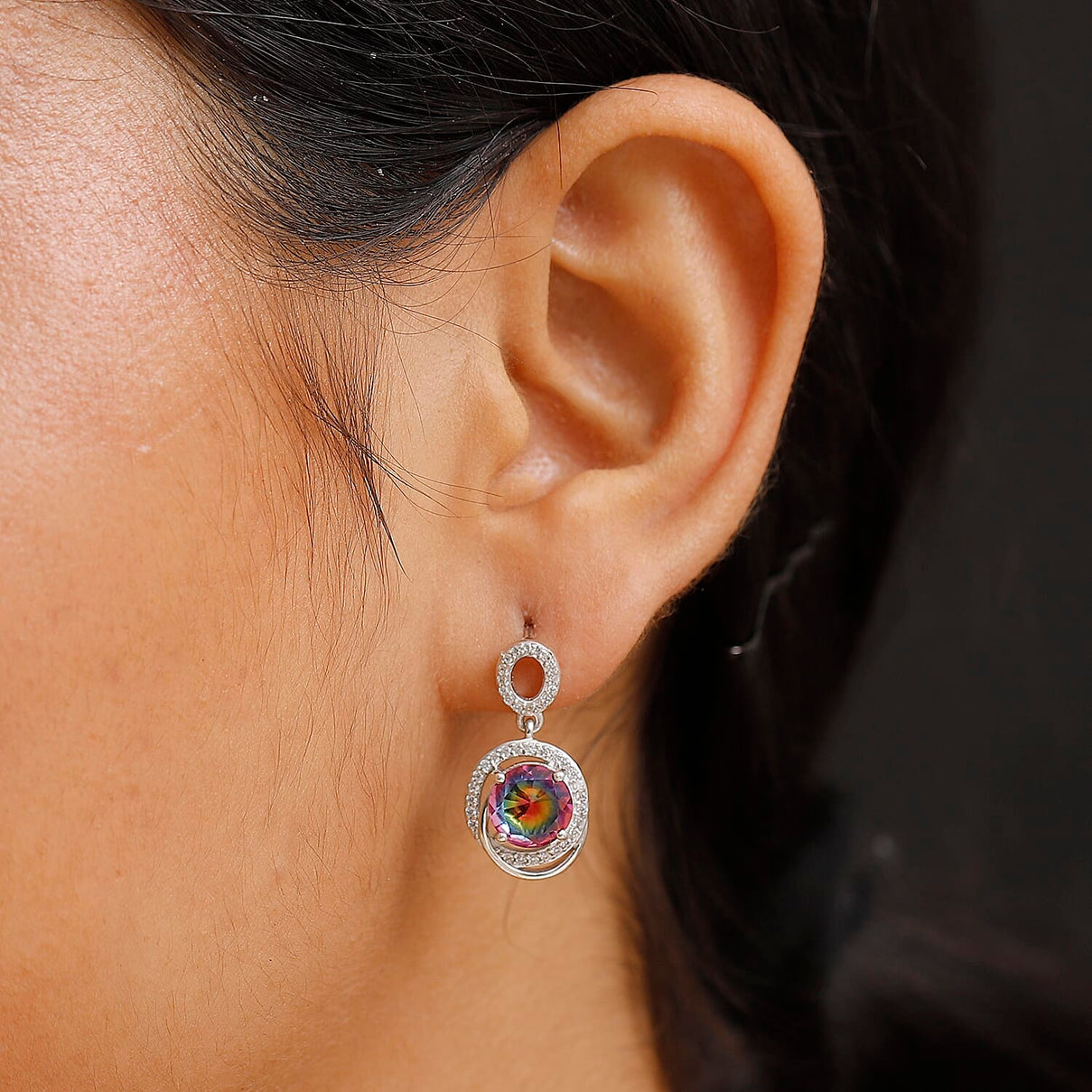 Celestial Saturn Nebula Quartz &amp; White Zircon Dangling Earring with Push Back in Rhodium Overlay Sterling Silver 4.28 Ct. 8068172 3