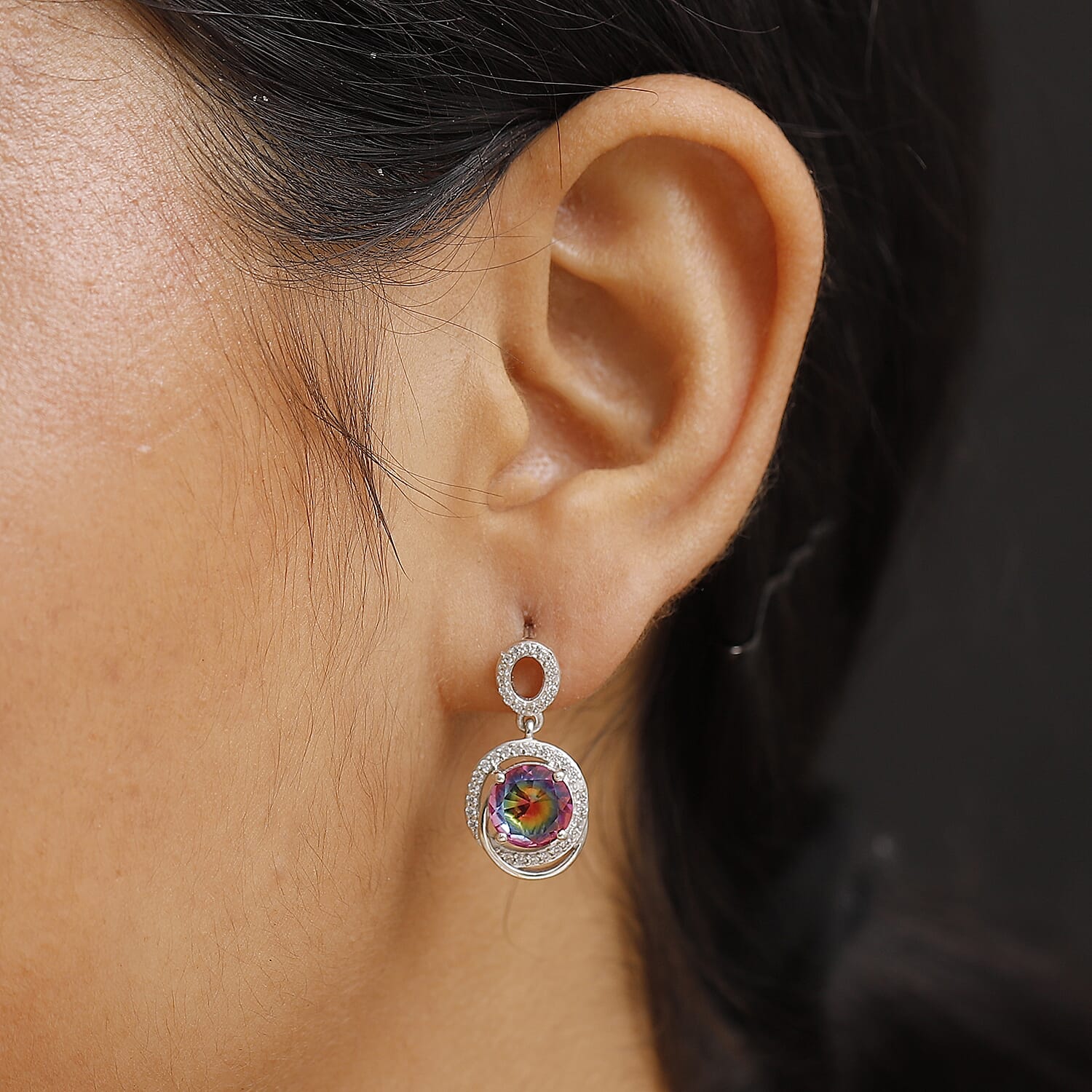Celestial Saturn Nebula Quartz &amp; White Zircon Dangling Earring with Push Back in Rhodium Overlay Sterling Silver 4.28 Ct. 8068172 3