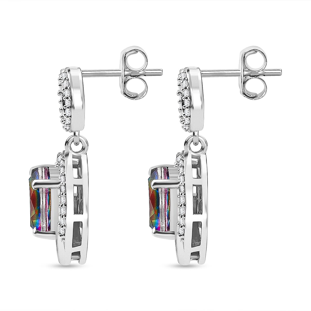 Celestial Saturn Nebula Quartz &amp; White Zircon Dangling Earring with Push Back in Rhodium Overlay Sterling Silver 4.28 Ct. 8068172 4