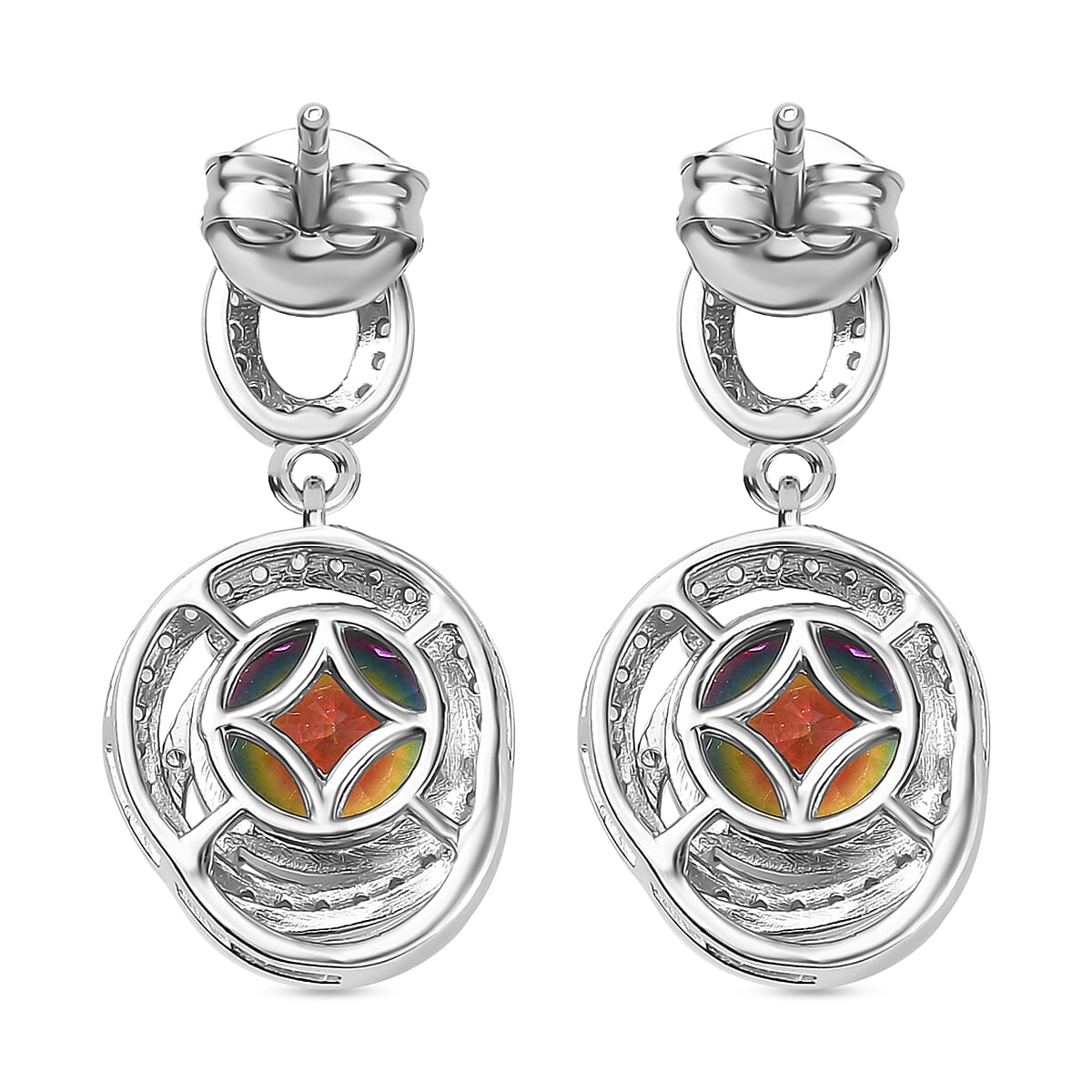 Celestial Saturn Nebula Quartz &amp; White Zircon Dangling Earring with Push Back in Rhodium Overlay Sterling Silver 4.28 Ct. 8068172 5