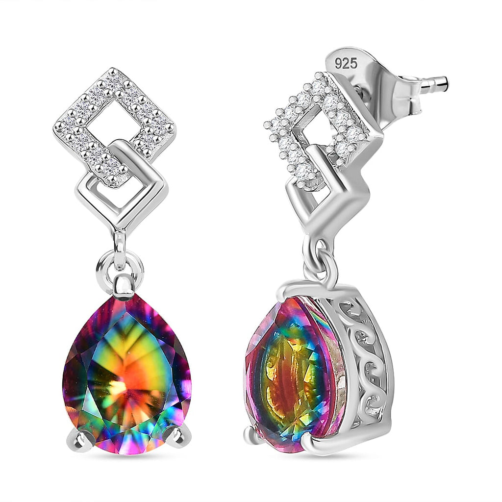 TJC Launch Nebula Quartz Doublet & White Zircon Dangling Earring in Rhodium Overlay Sterling Silver 3.85 Ct.