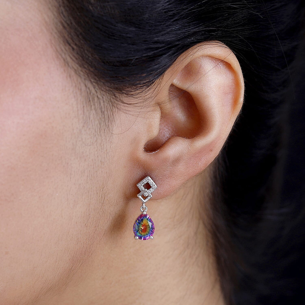 Nebula Quartz Doublet, White Zircon Dangling Earrings in Rhodium Overlay Sterling Silver 3.85 Ct. 7891121 2