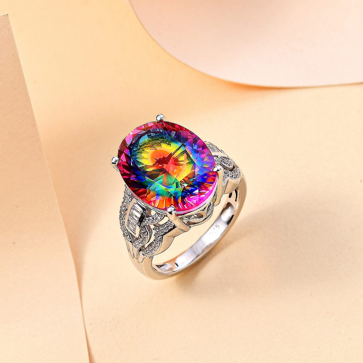 Nebula Quartz Doublet, White Zircon Ring in Rhodium Overlay Sterling Silver 9.57 Ct. 7887086 2