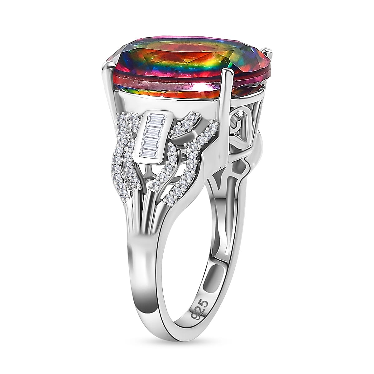 Nebula Quartz Doublet, White Zircon Ring in Rhodium Overlay Sterling Silver 9.57 Ct. 7887086 4