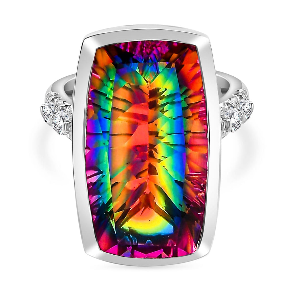 TJC Launch Nebula Quartz & White Zircon Ring in Rhodium Overlay Sterling Silver 17.01 Ct.