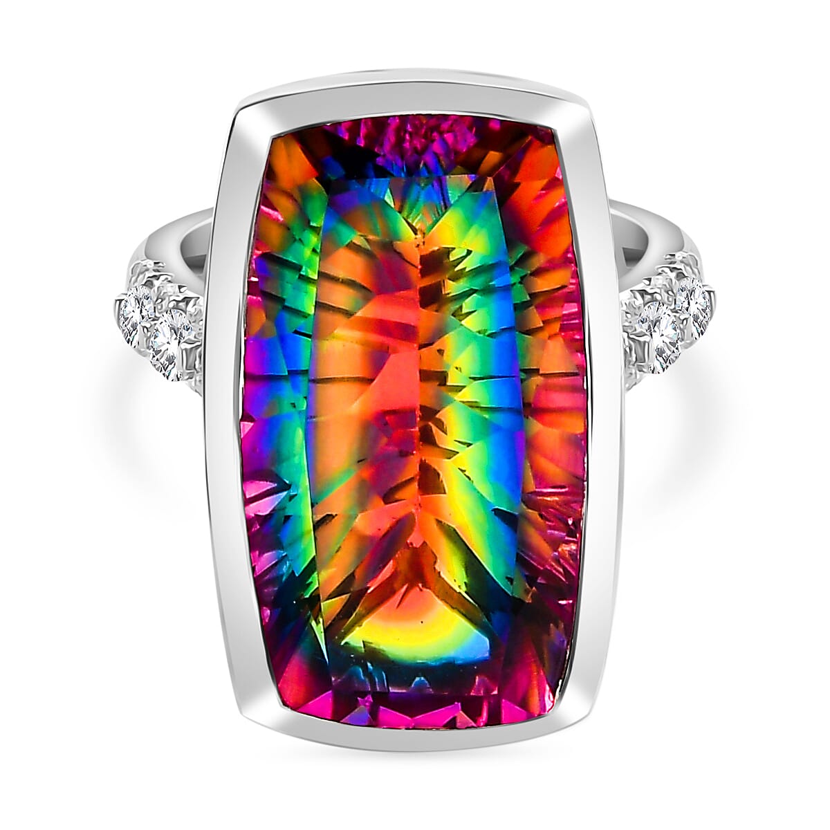 Nebula Quartz Doublet, White Zircon Elongated Ring in Rhodium Overlay Sterling Silver 17.01 Ct. 7887099 0
