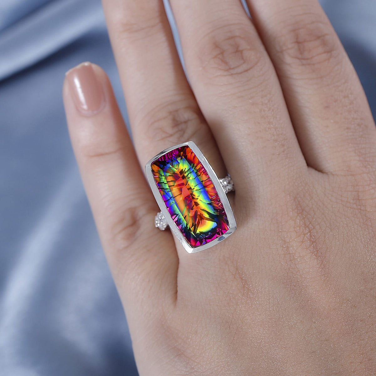 Nebula Quartz Doublet, White Zircon Elongated Ring in Rhodium Overlay Sterling Silver 17.01 Ct. 7887099 2