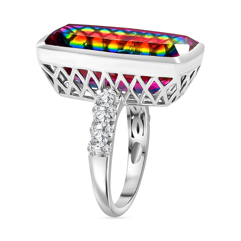TJC Launch Nebula Quartz & White Zircon Ring in Rhodium Overlay Sterling Silver 17.01 Ct.