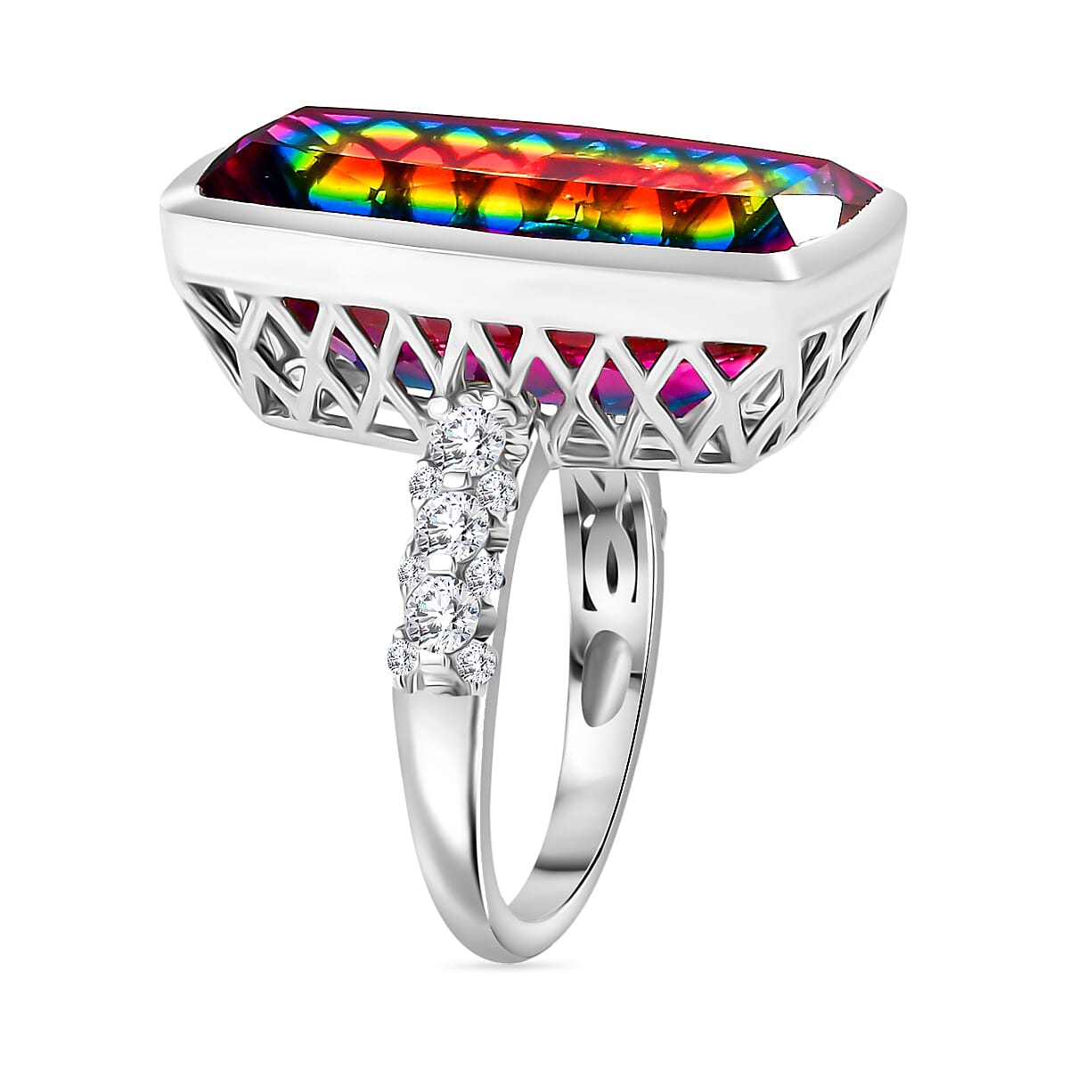 Nebula Quartz Doublet, White Zircon Elongated Ring in Rhodium Overlay Sterling Silver 17.01 Ct. 7887099 3