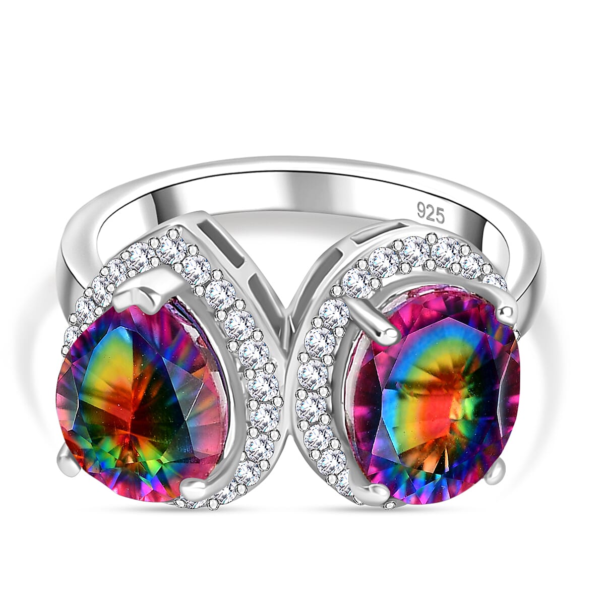 THE TOI ET MOI - Nebula Quartz Doublet, White Zircon Toi et Moi Ring in Rhodium Overlay Sterling Silver 7891131 0