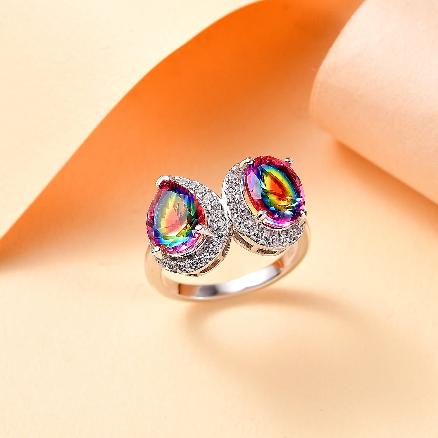 THE TOI ET MOI - Nebula Quartz Doublet, White Zircon Toi et Moi Ring in Rhodium Overlay Sterling Silver 7891131 2