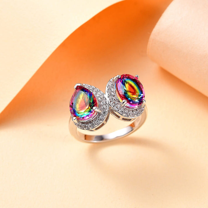 THE TOI ET MOI - Nebula Quartz Doublet, White Zircon Toi et Moi Ring in Rhodium Overlay Sterling Silver 7891131 2