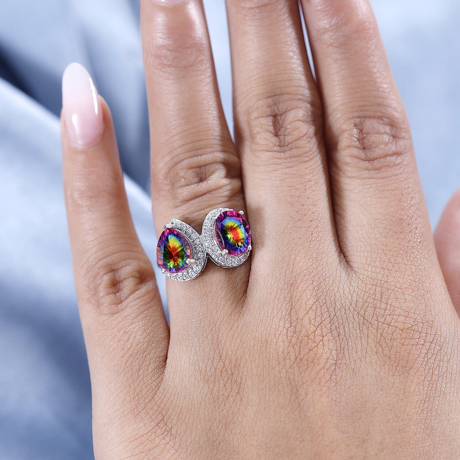 THE TOI ET MOI - Nebula Quartz Doublet, White Zircon Toi et Moi Ring in Rhodium Overlay Sterling Silver 7891131 4