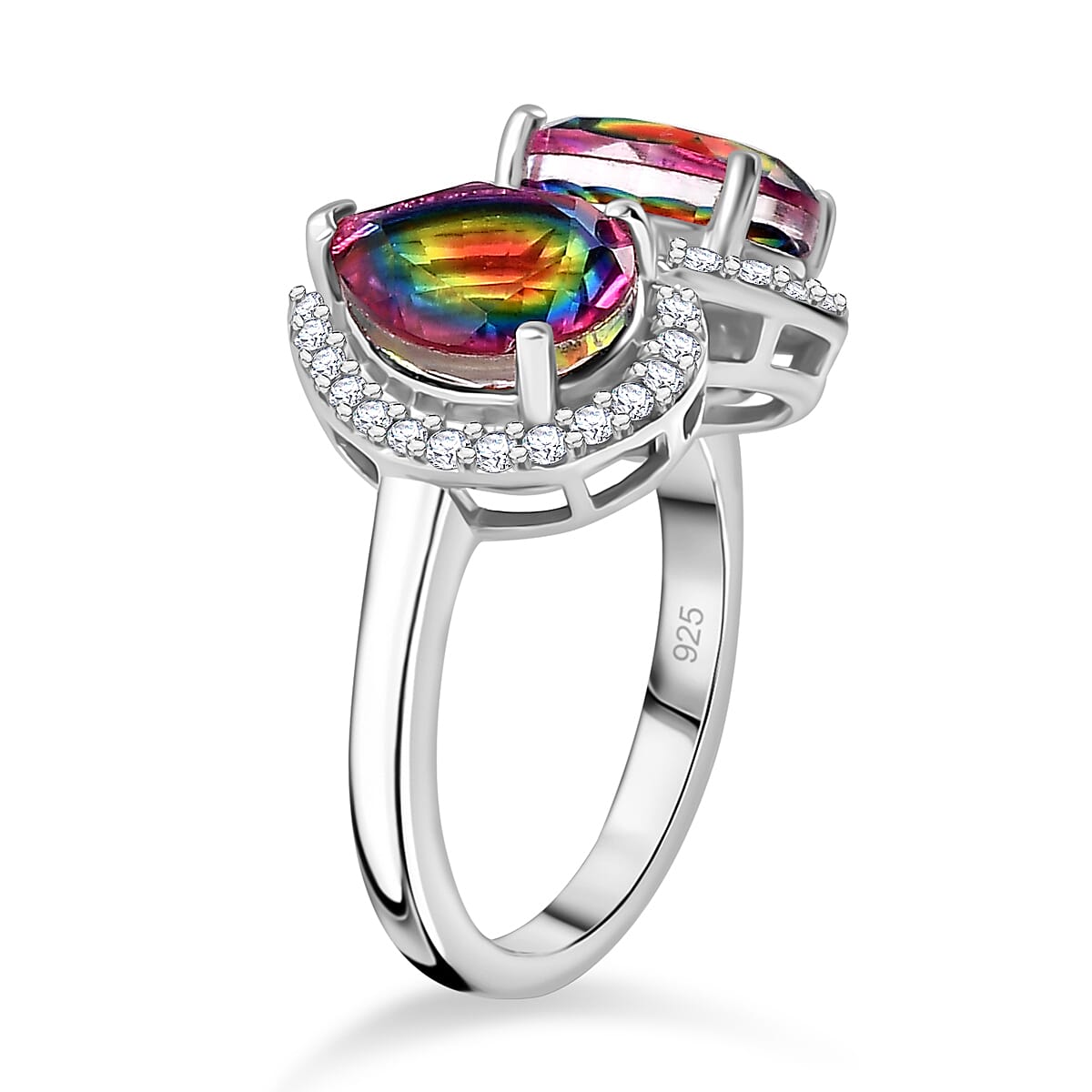 THE TOI ET MOI - Nebula Quartz Doublet, White Zircon Toi et Moi Ring in Rhodium Overlay Sterling Silver 7891131 5