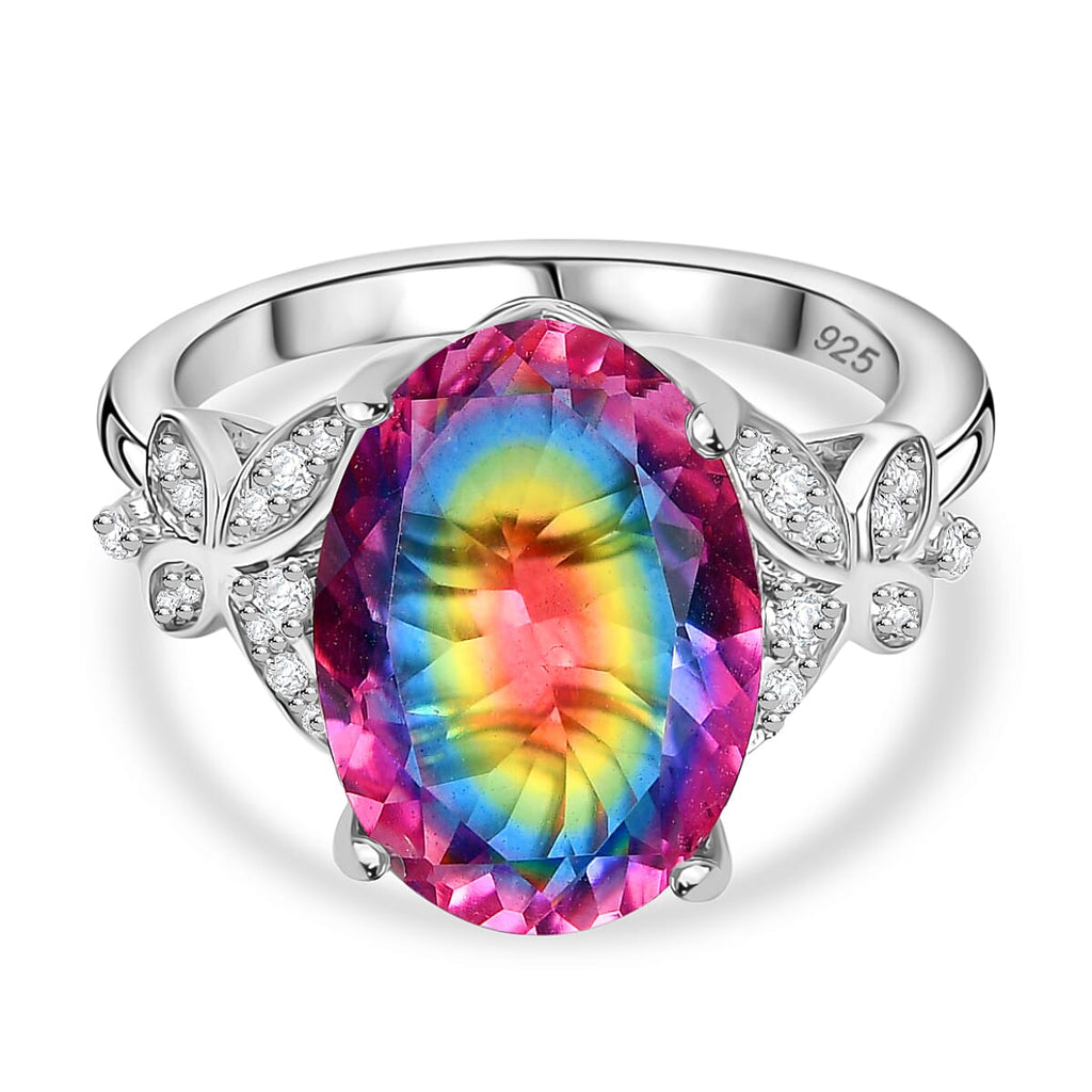 Nebula Quartz Doublet ,  White Zircon  Main Stone With Side Stone Ring in Rhodium Overlay Sterling Silver 6.82 ct  5.599  Ct.