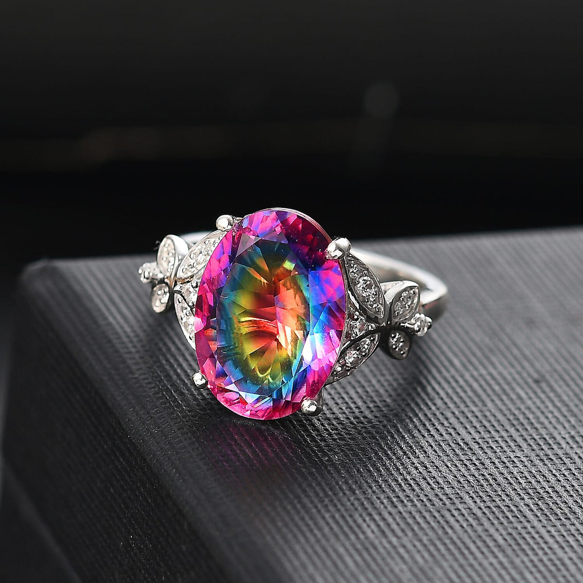 Nebula Quartz Doublet ,  White Zircon  Main Stone With Side Stone Ring in Rhodium Overlay Sterling Silver 6.82 ct  5.599  Ct. 8057276 2