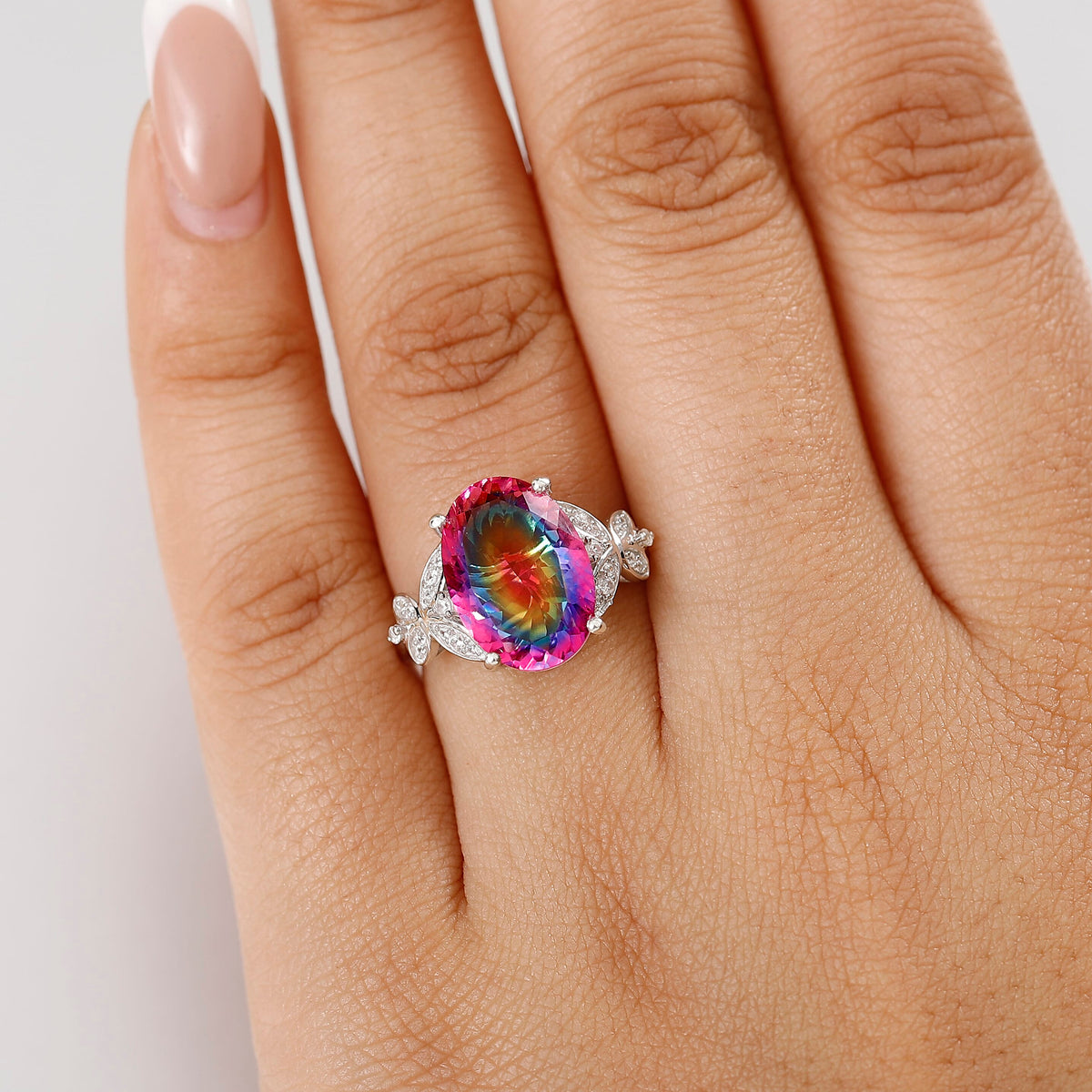 Nebula Quartz Doublet ,  White Zircon  Main Stone With Side Stone Ring in Rhodium Overlay Sterling Silver 6.82 ct  5.599  Ct. 8057276 3