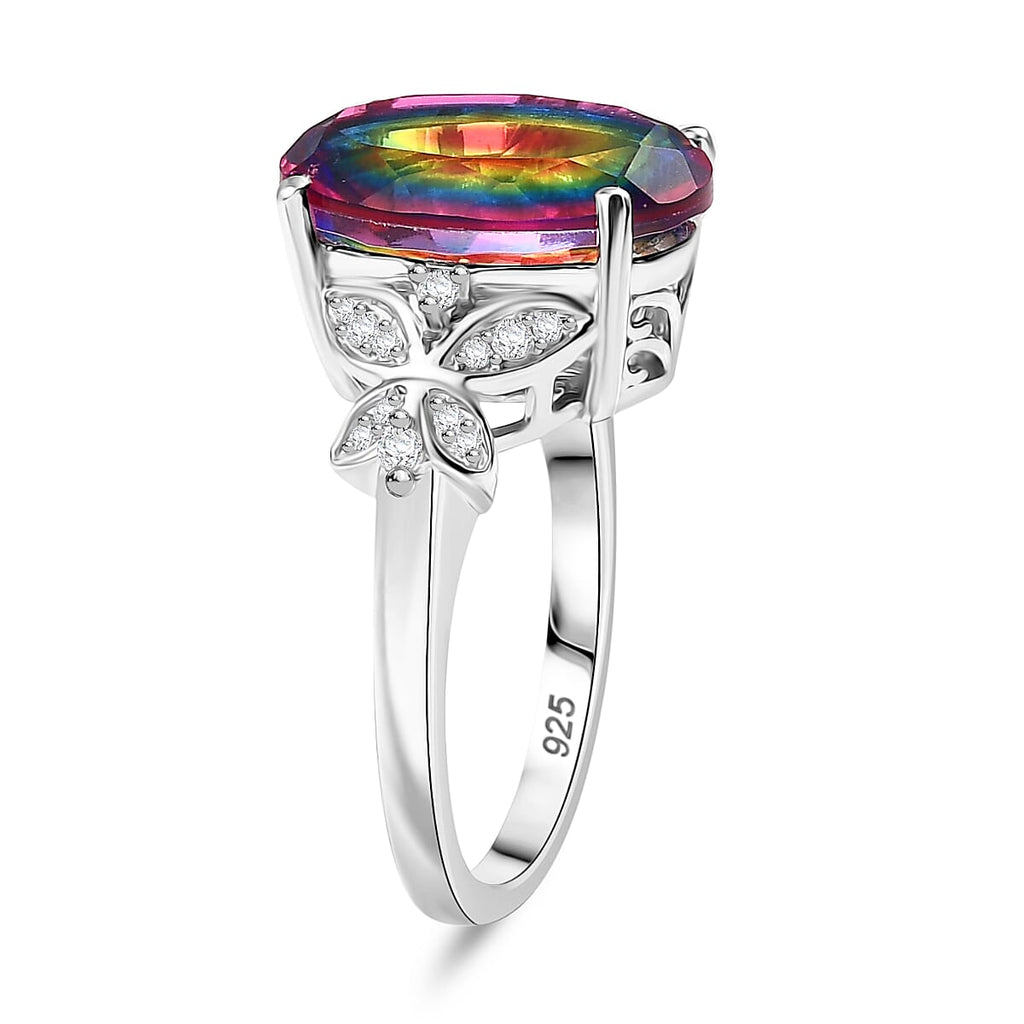 Nebula Quartz Doublet ,  White Zircon  Main Stone With Side Stone Ring in Rhodium Overlay Sterling Silver 6.82 ct  5.599  Ct.