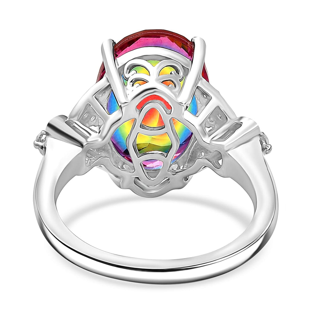 Nebula Quartz Doublet ,  White Zircon  Main Stone With Side Stone Ring in Rhodium Overlay Sterling Silver 6.82 ct  5.599  Ct.