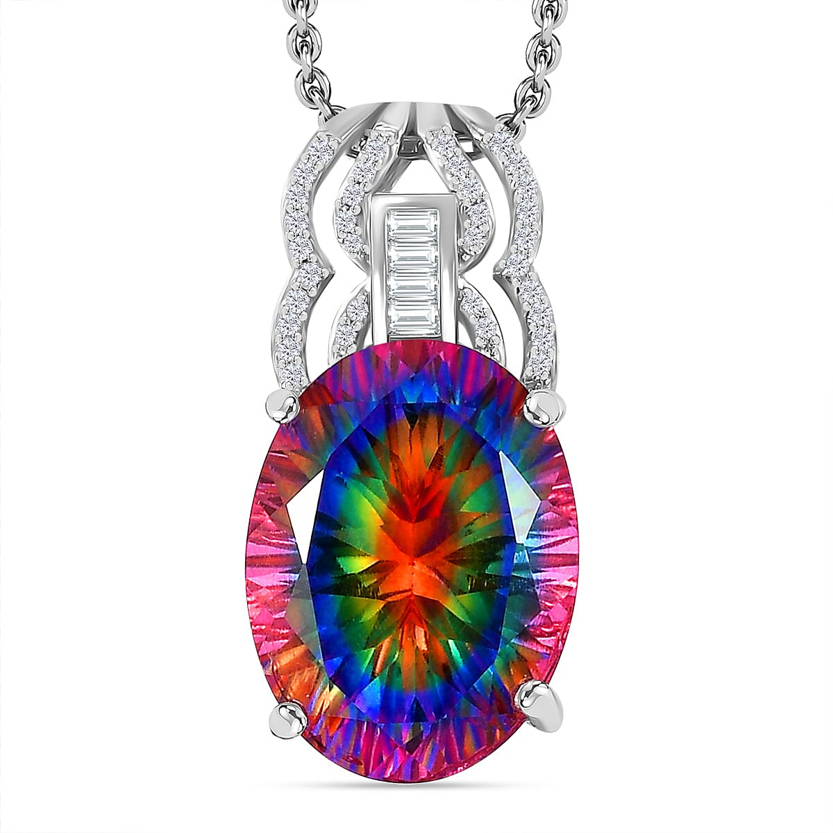 Nebula Quartz Doublet, White Zircon Pendant with Chain (Size 20) in Platinum Overlay Sterling 9.56 ct. 4306080 0
