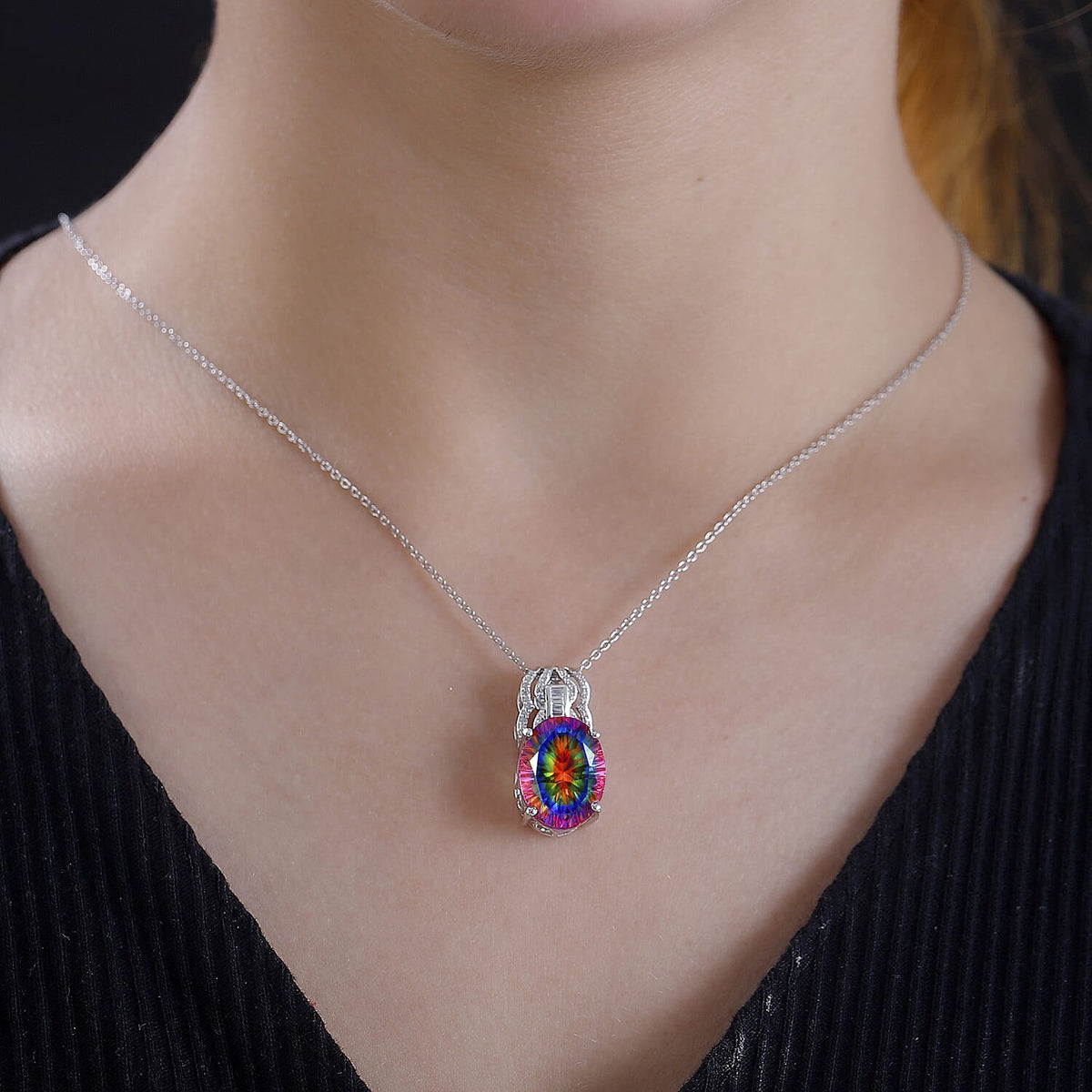 Nebula Quartz Doublet, White Zircon Pendant with Chain (Size 20) in Platinum Overlay Sterling 9.56 ct. 4306080 1