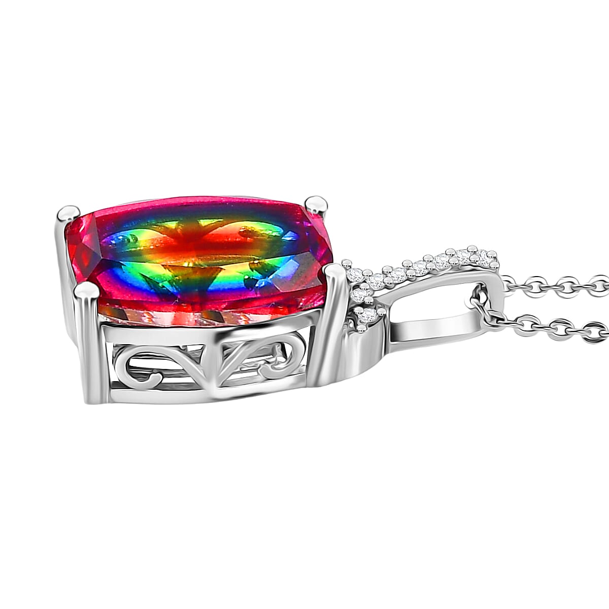 D'Joy Nebula Quartz Doublet &amp; White Zircon Pendant with Chain (Size 20) in Platinum Overlay Sterling Silver 4.05 Ct. 4443182 4