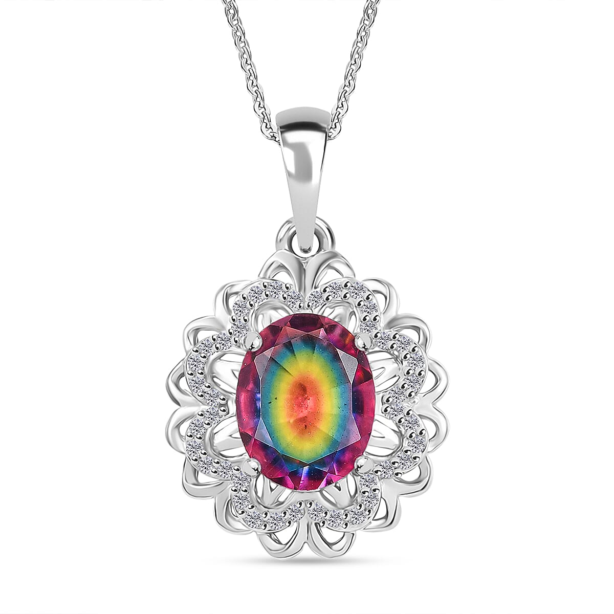 Galaxy Glow Nebula Quartz &amp; White Zircon Pendant with Chain (Size 20) in Rhodium Overlay Sterling Silver 2.38 Ct. 4356489 0