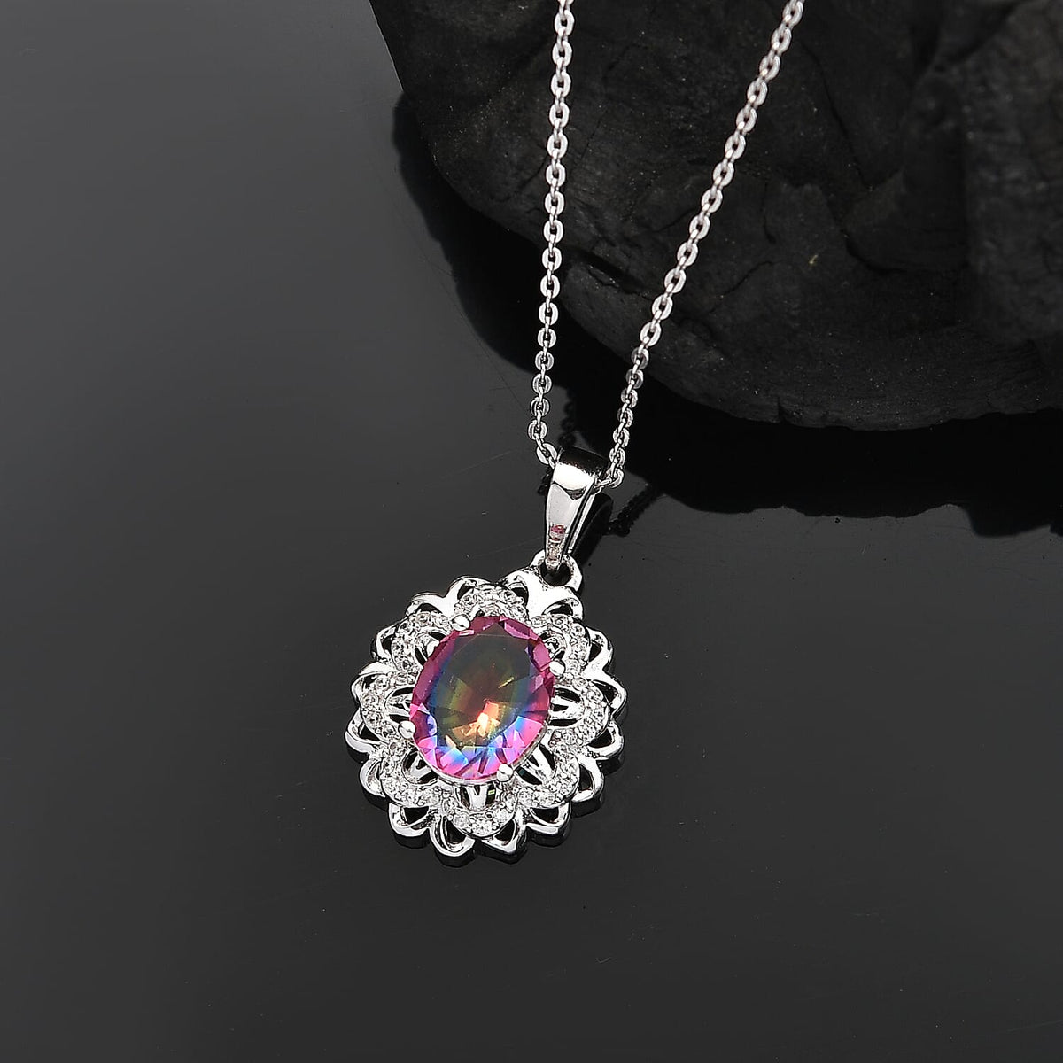 Galaxy Glow Nebula Quartz &amp; White Zircon Pendant with Chain (Size 20) in Rhodium Overlay Sterling Silver 2.38 Ct. 4356489 3