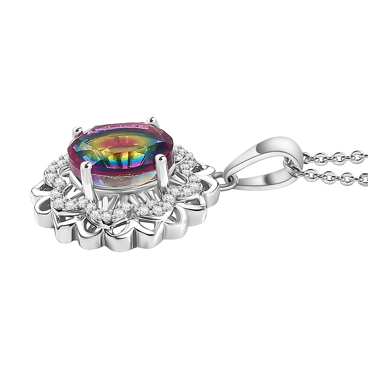 Galaxy Glow Nebula Quartz &amp; White Zircon Pendant with Chain (Size 20) in Rhodium Overlay Sterling Silver 2.38 Ct. 4356489 4
