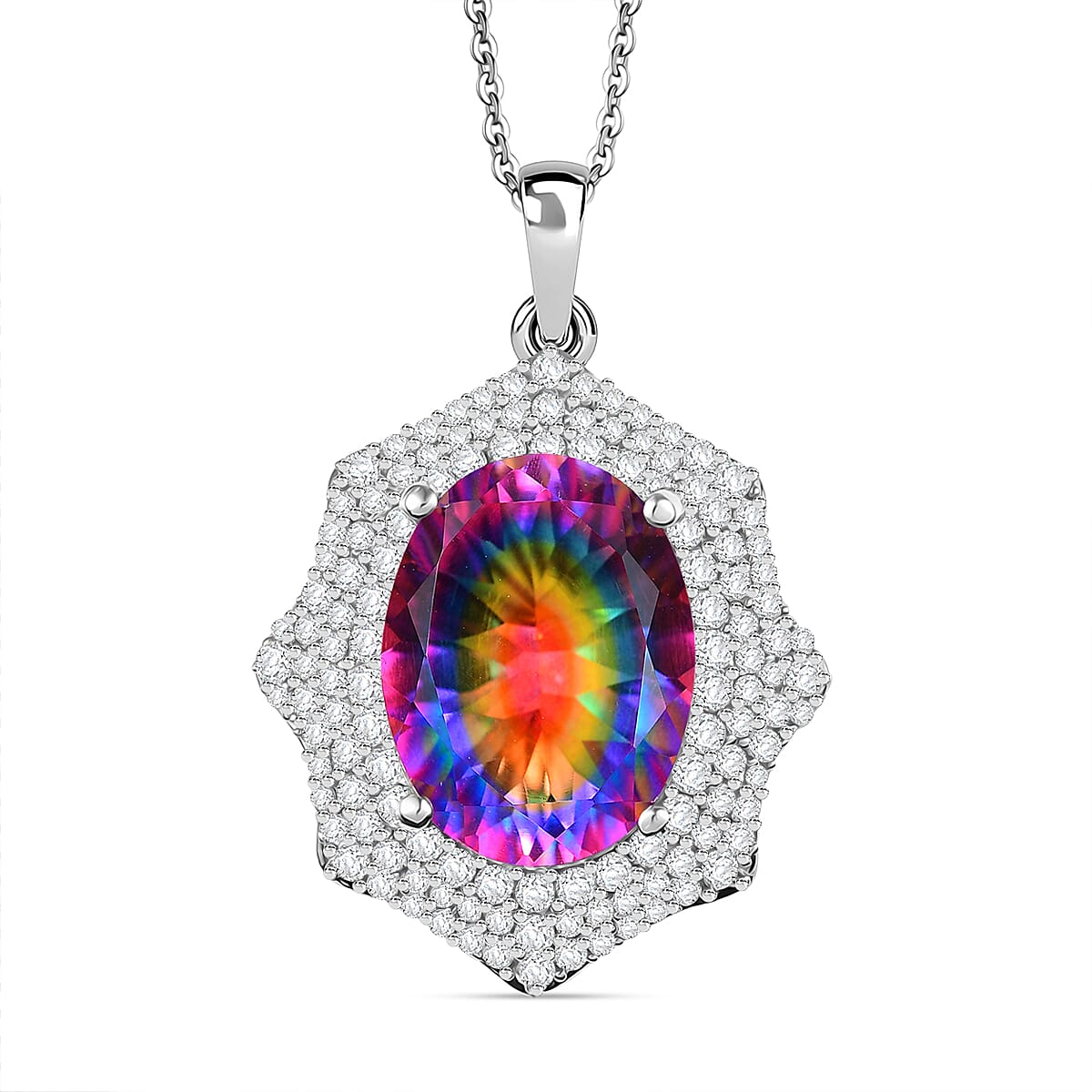 Cosmic Spark Nebula Quartz &amp; White Zircon Pendant with Chain (Size 20) in Rhodium Overlay Sterling Silver 10.77 Ct. 4358178 0