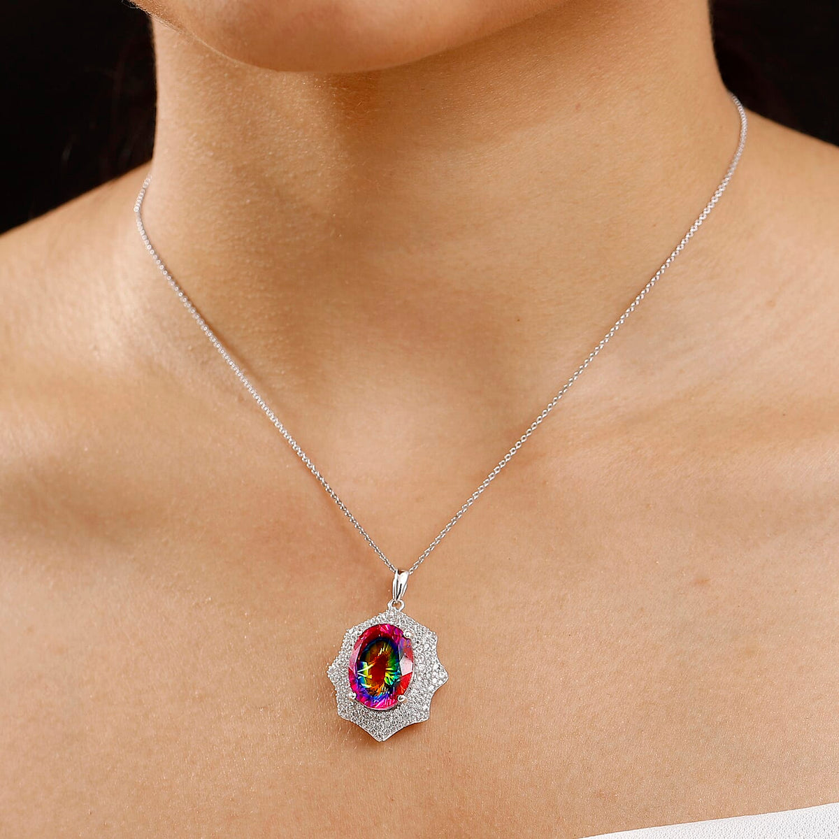 Cosmic Spark Nebula Quartz &amp; White Zircon Pendant with Chain (Size 20) in Rhodium Overlay Sterling Silver 10.77 Ct. 4358178 2