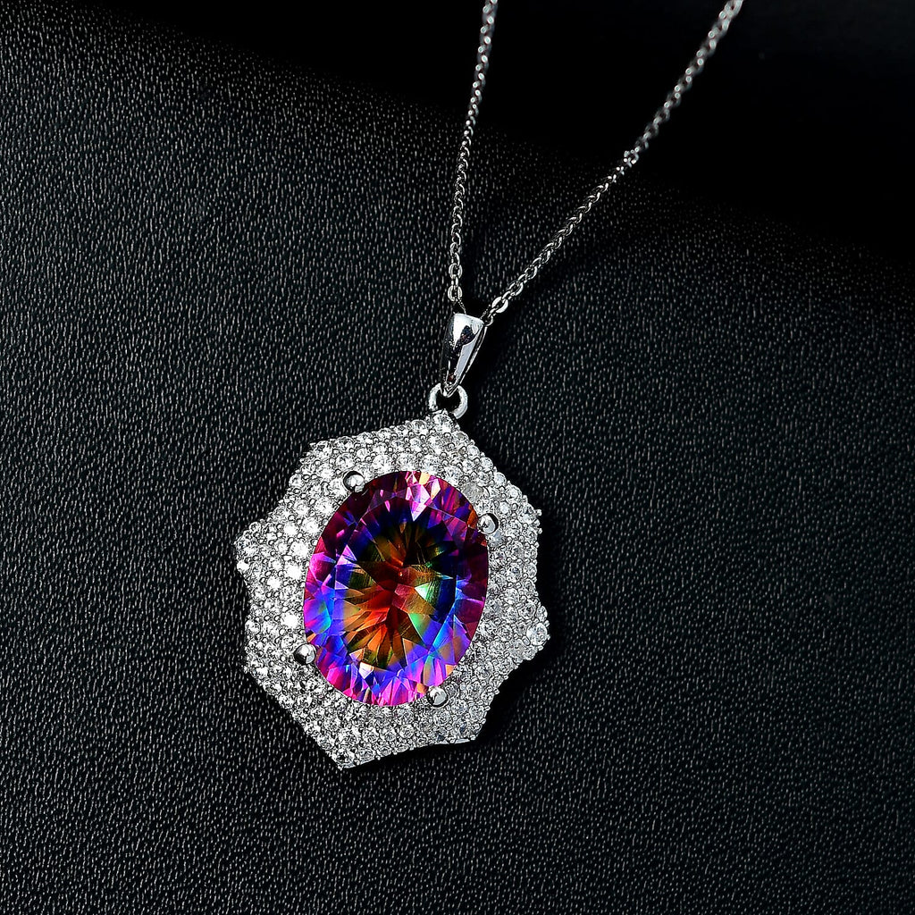 Cosmic Spark Nebula Quartz & White Zircon Pendant with Chain (Size 20) in Rhodium Overlay Sterling Silver 10.77 Ct.