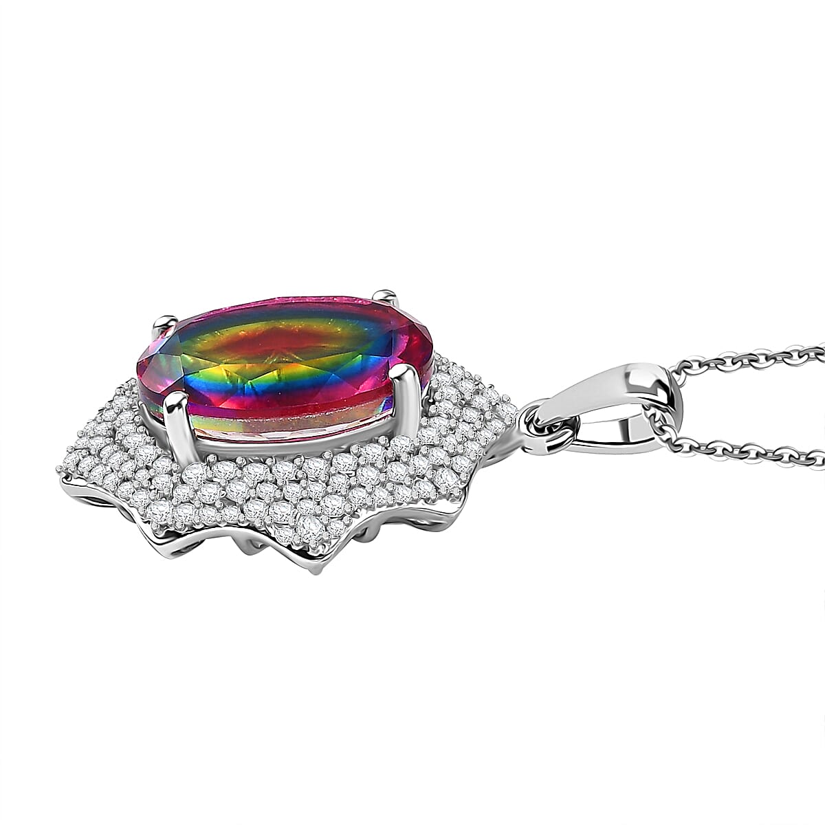 Cosmic Spark Nebula Quartz &amp; White Zircon Pendant with Chain (Size 20) in Rhodium Overlay Sterling Silver 10.77 Ct. 4358178 4