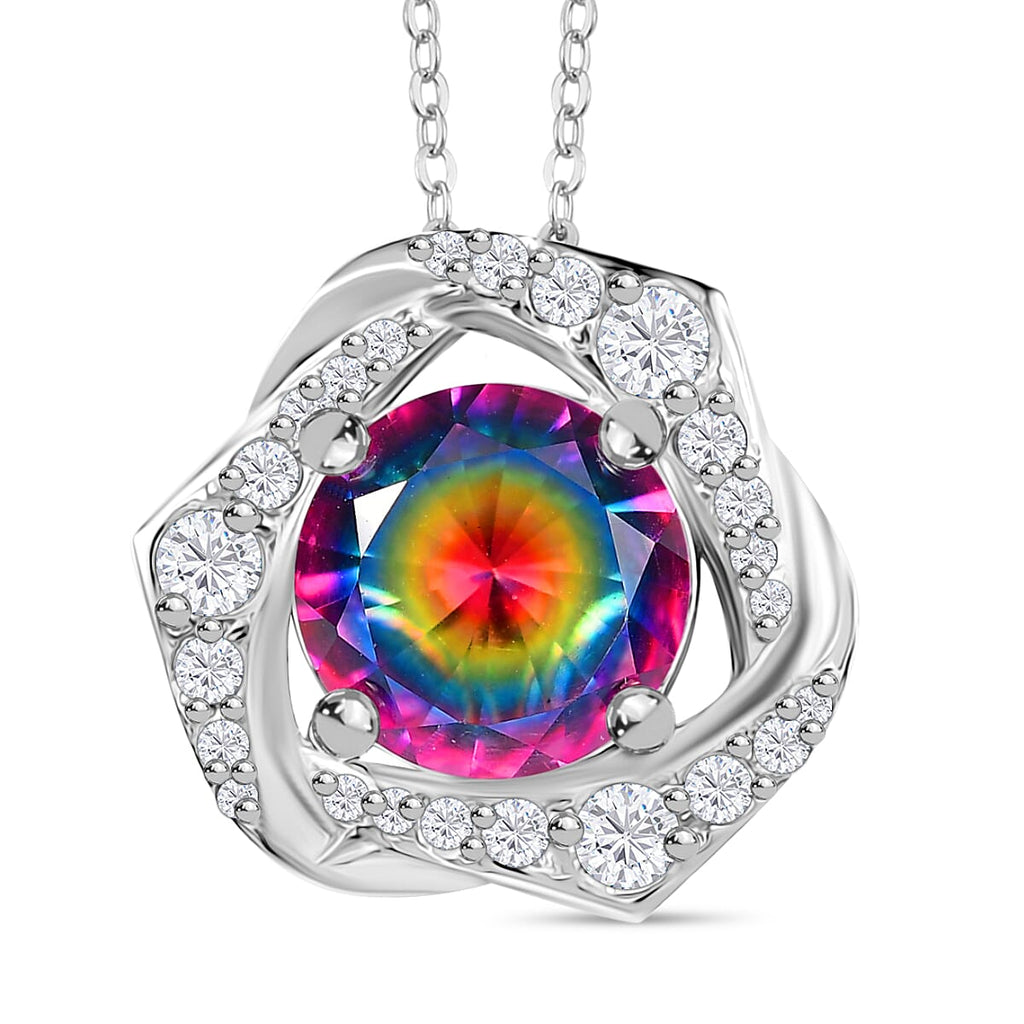 Galaxy Glow Nebula Quartz & White Zircon Pendant with Chain (Size 20) in Rhodium Overlay Sterling Silver 2.39 Ct.
