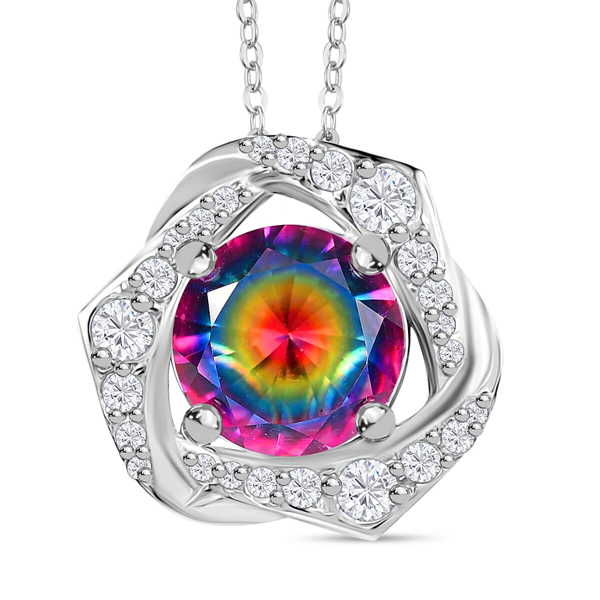 Galaxy Glow Nebula Quartz &amp; White Zircon Pendant with Chain (Size 20) in Rhodium Overlay Sterling Silver 2.39 Ct. 4358403 0