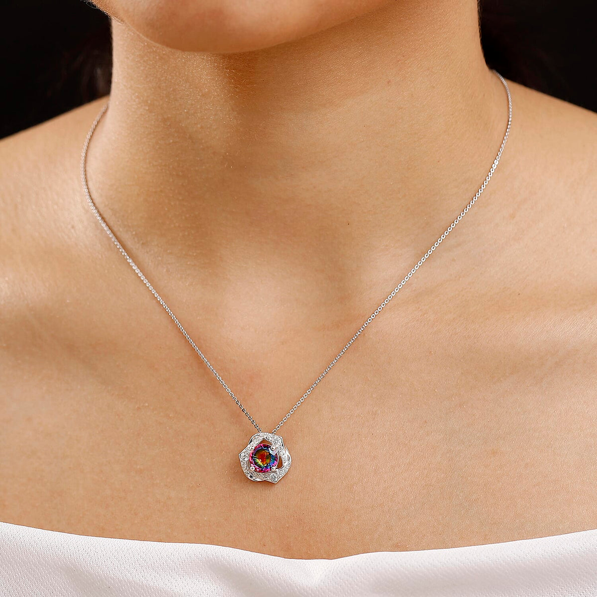 Galaxy Glow Nebula Quartz &amp; White Zircon Pendant with Chain (Size 20) in Rhodium Overlay Sterling Silver 2.39 Ct. 4358403 2