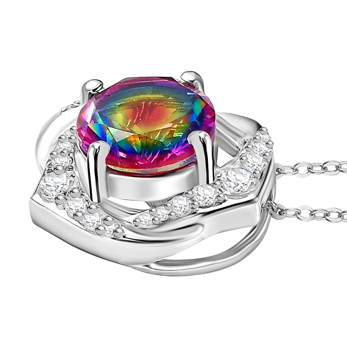 Galaxy Glow Nebula Quartz &amp; White Zircon Pendant with Chain (Size 20) in Rhodium Overlay Sterling Silver 2.39 Ct. 4358403 4