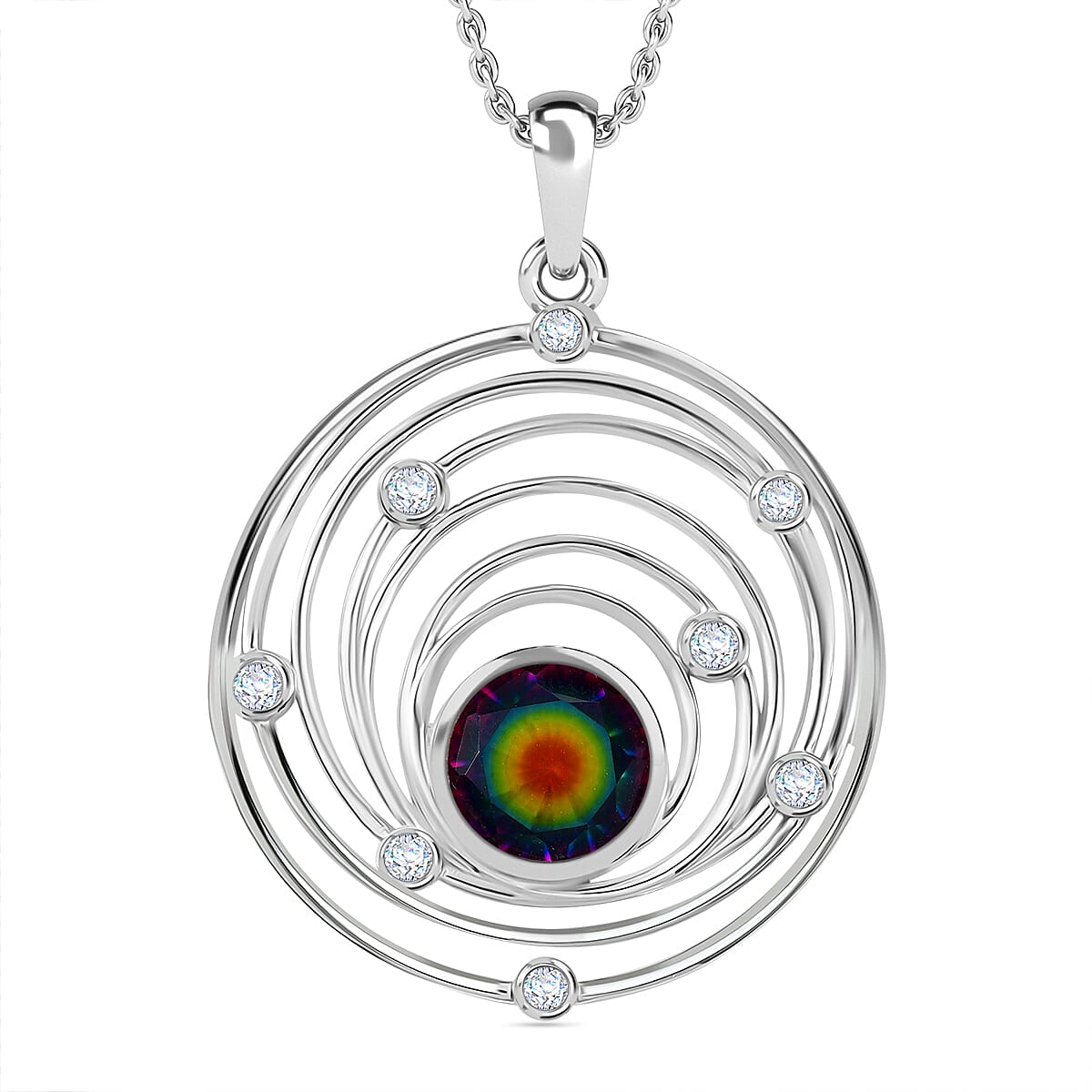Nebula Quartz Doublet, White Zircon Cosmos Pendant with Chain (Size 20) in Rhodium Overlay Sterling Silver 2.280 Ct. 4311006 0