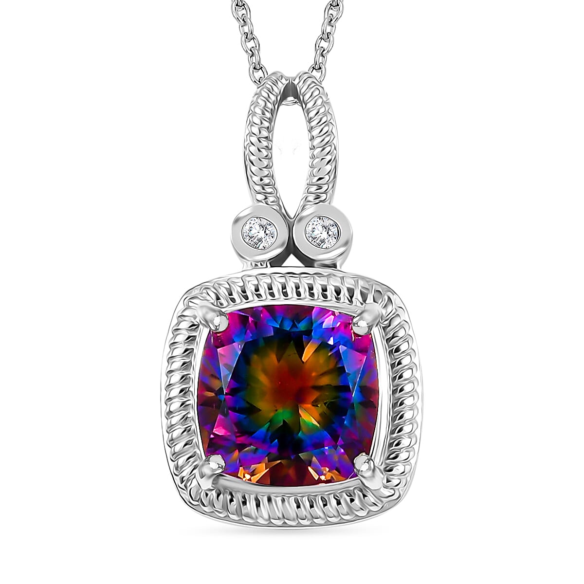 Nebula Quartz Doublet, White Zircon Pendant With Chain (Size 20) in Rhodium Overlay Sterling Silver 4312174 0