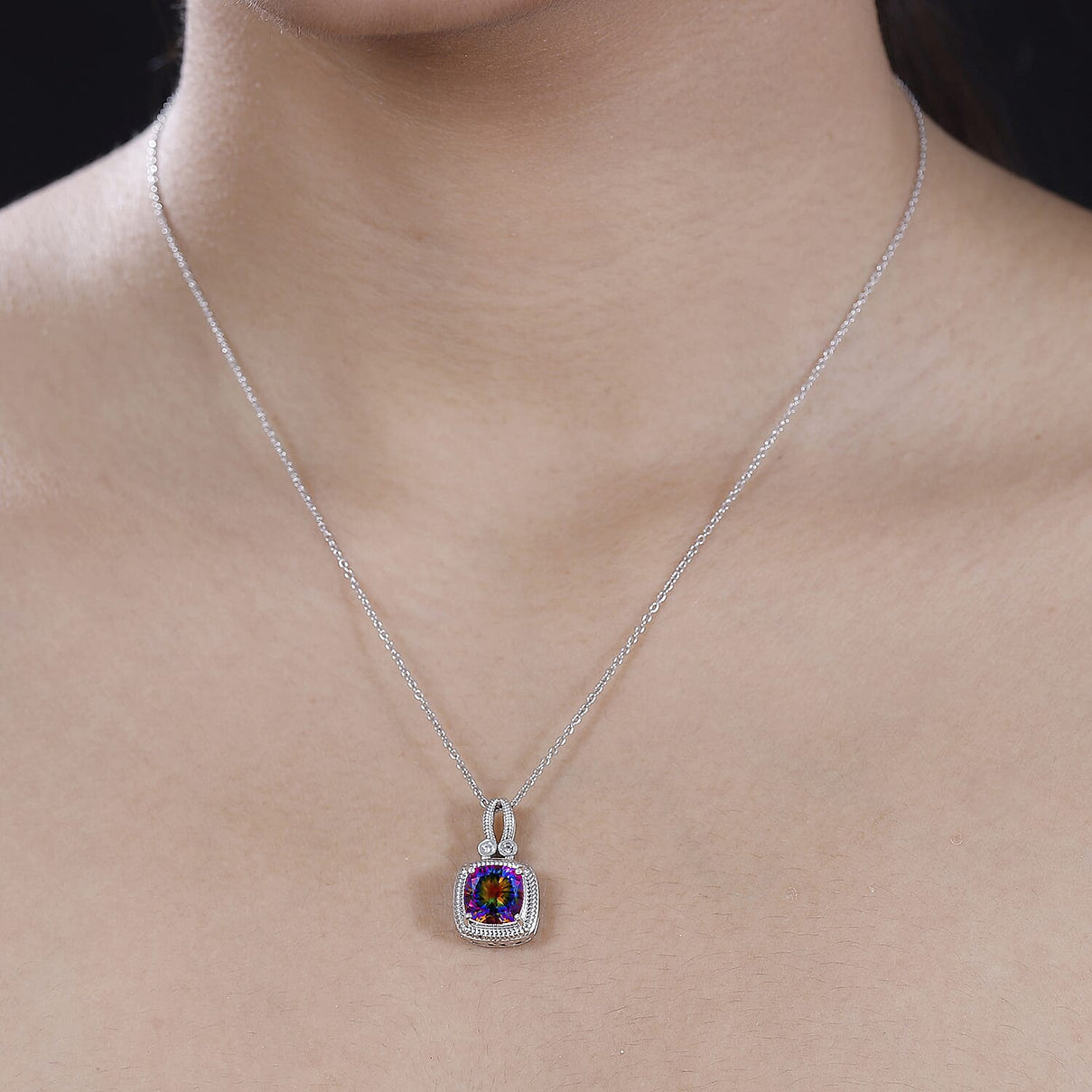 Nebula Quartz Doublet, White Zircon Pendant With Chain (Size 20) in Rhodium Overlay Sterling Silver 4312174 1