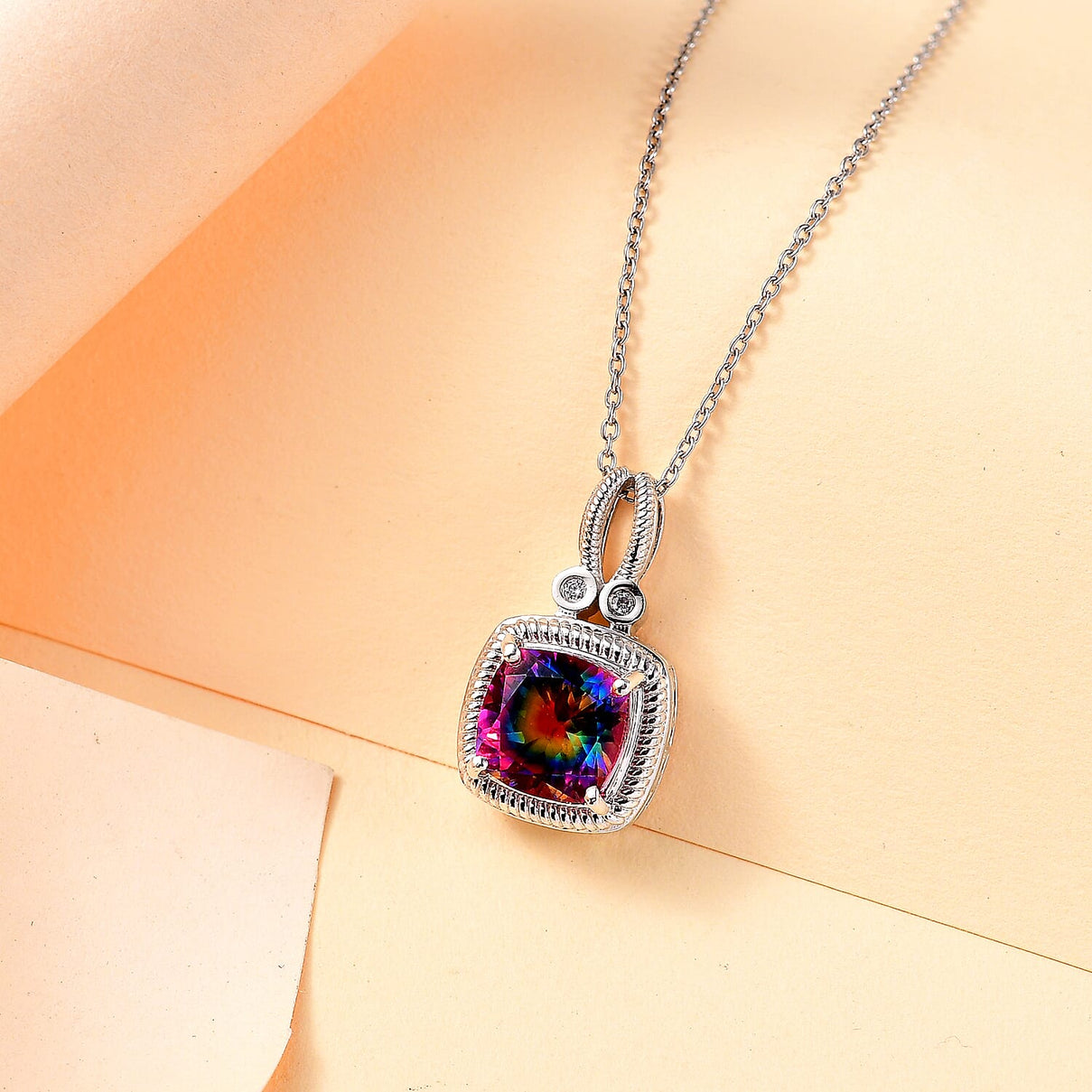 Nebula Quartz Doublet, White Zircon Pendant With Chain (Size 20) in Rhodium Overlay Sterling Silver 4312174 2