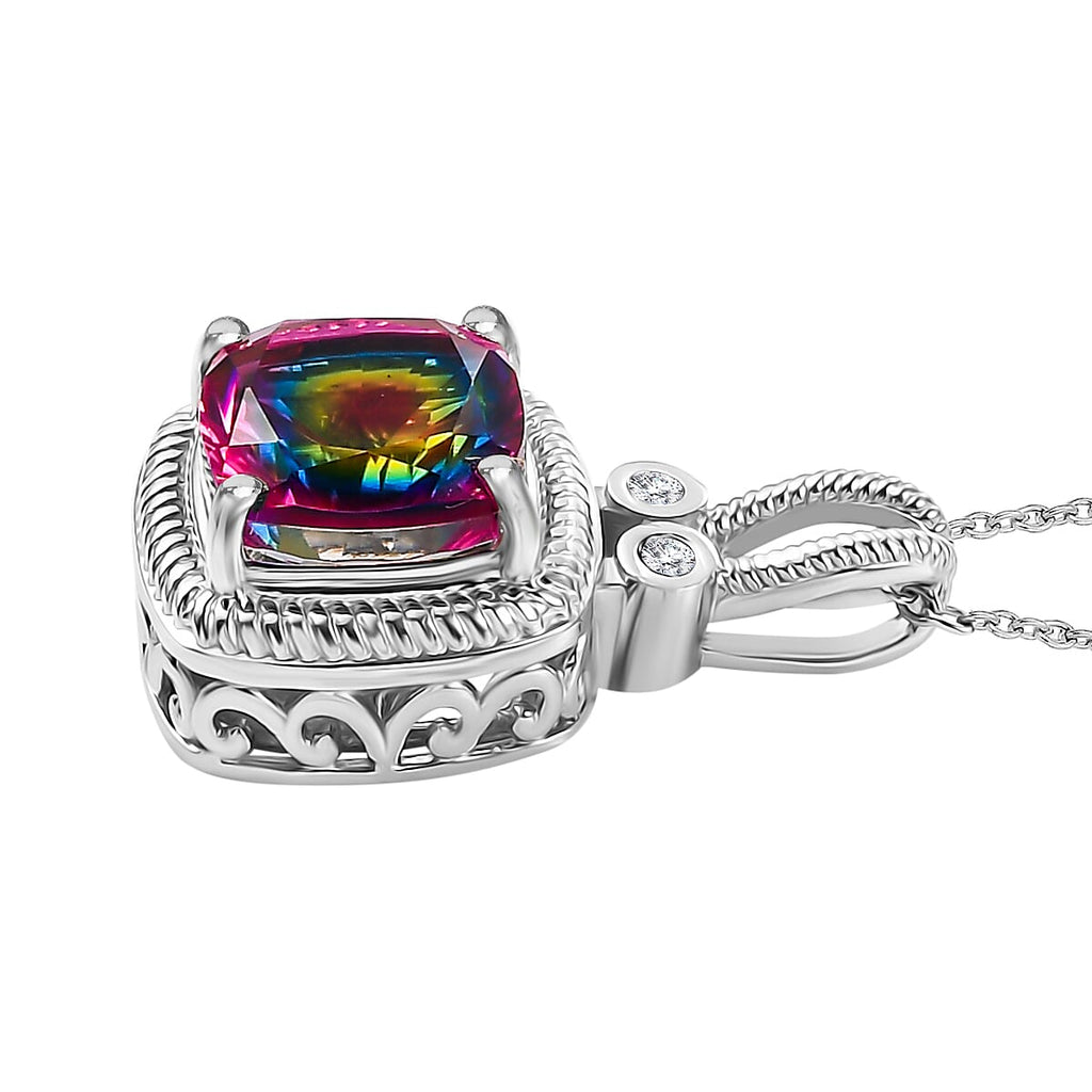 TJC Launch Nebula Quartz Doublet & White Zircon Pendant With Chain (Size 20) in Rhodium Overlay Sterling Silver 3.540 Ct.