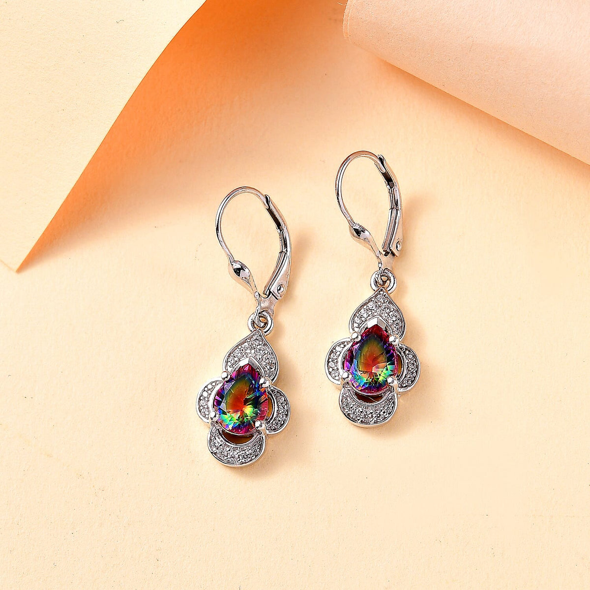Nebula Quartz Doublet, White Zircon Drop Lever Back Earrings in Rhodium Overlay Sterling Silver 7910260 1
