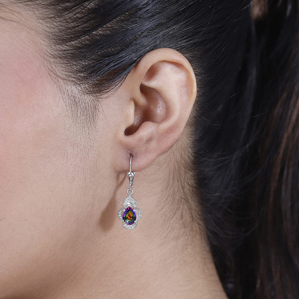 Nebula Quartz Doublet, White Zircon Drop Lever Back Earrings in Rhodium Overlay Sterling Silver 7910260 2